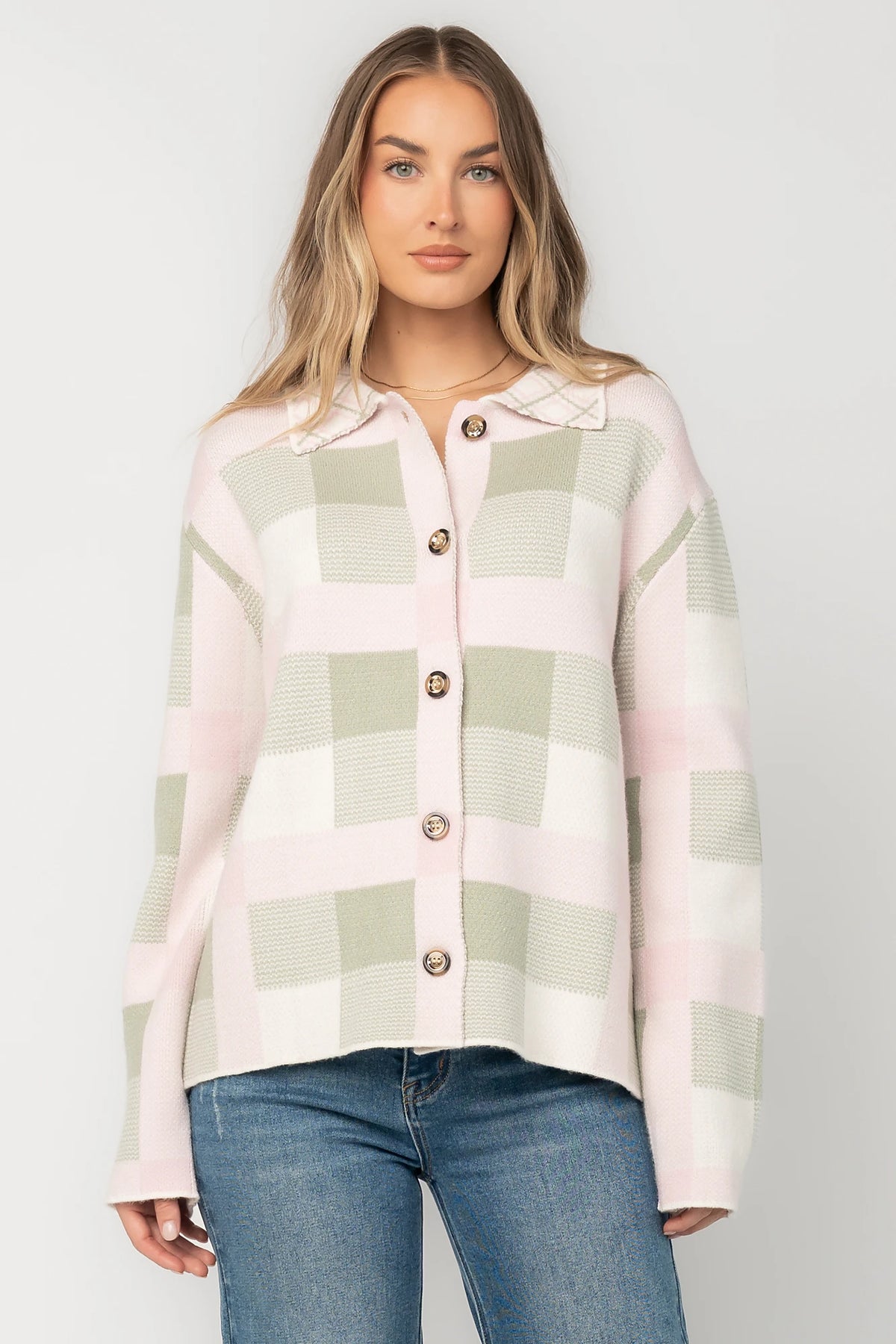 Midtown Plaid Jacket in Blush + Sage with soft knit texture, classic plaid pattern, and relaxed silhouette.