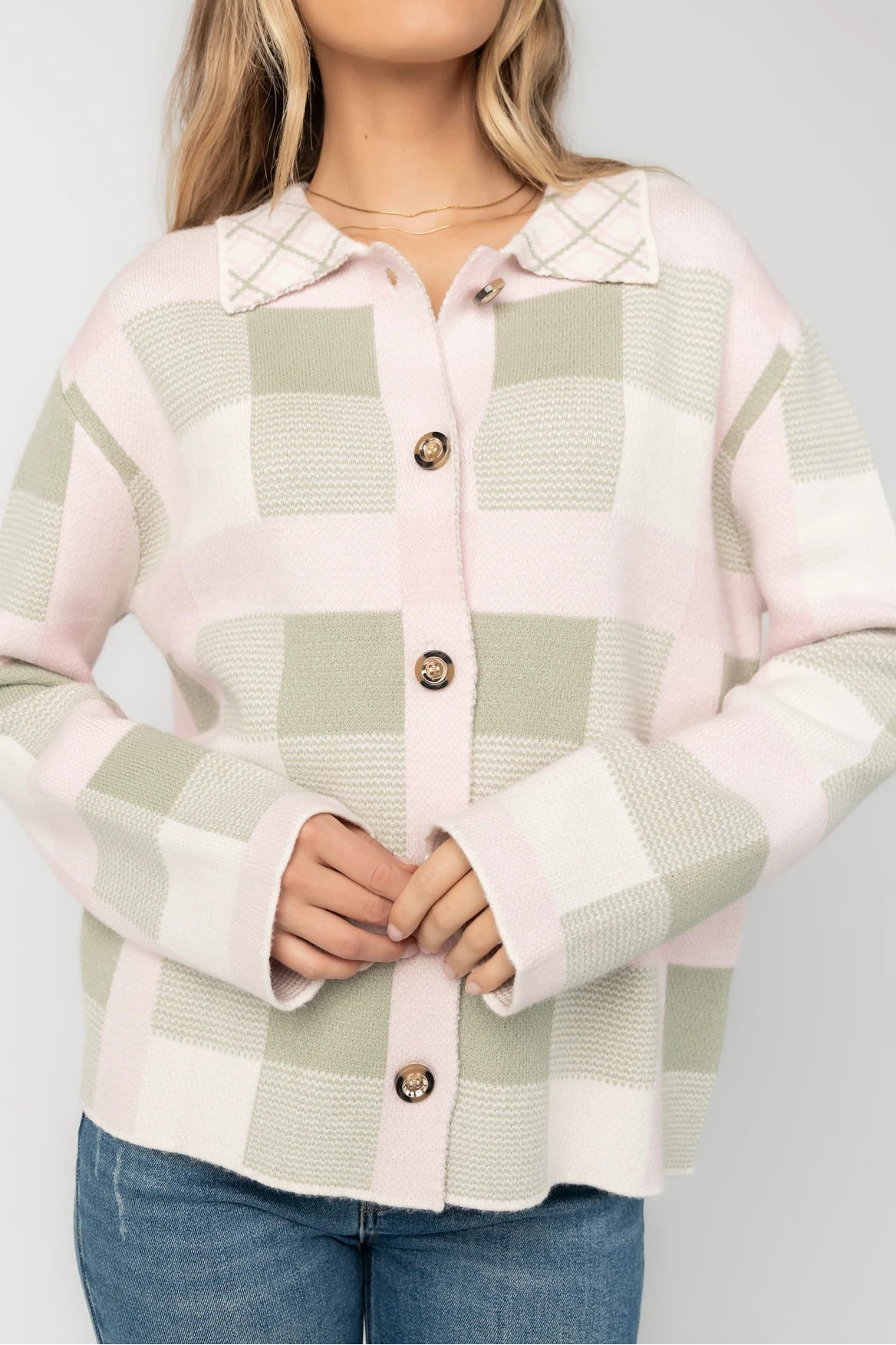 Midtown Plaid Jacket in Blush + Sage with soft knit texture, classic plaid pattern, and relaxed silhouette.