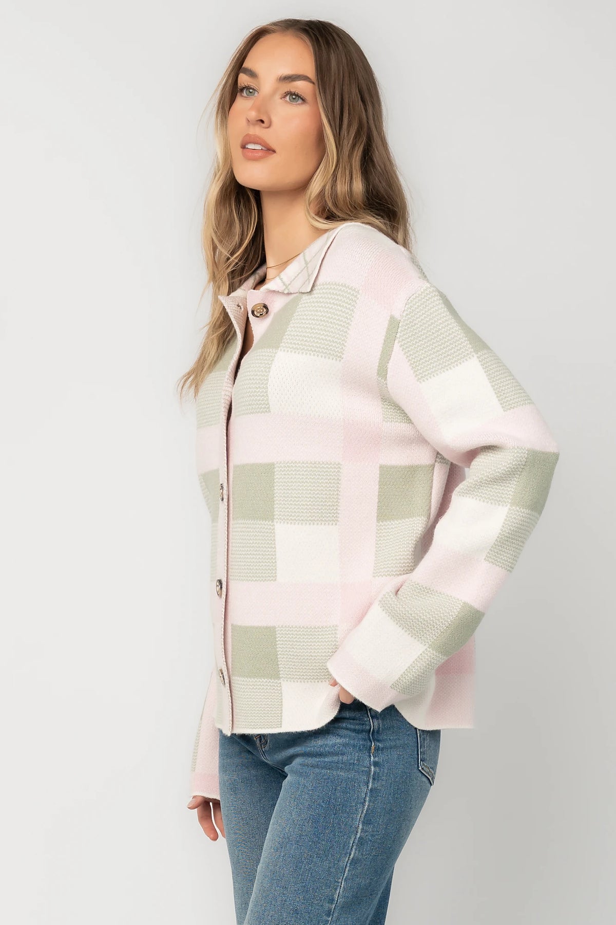 Midtown Plaid Jacket in Blush + Sage with soft knit texture, classic plaid pattern, and relaxed silhouette.