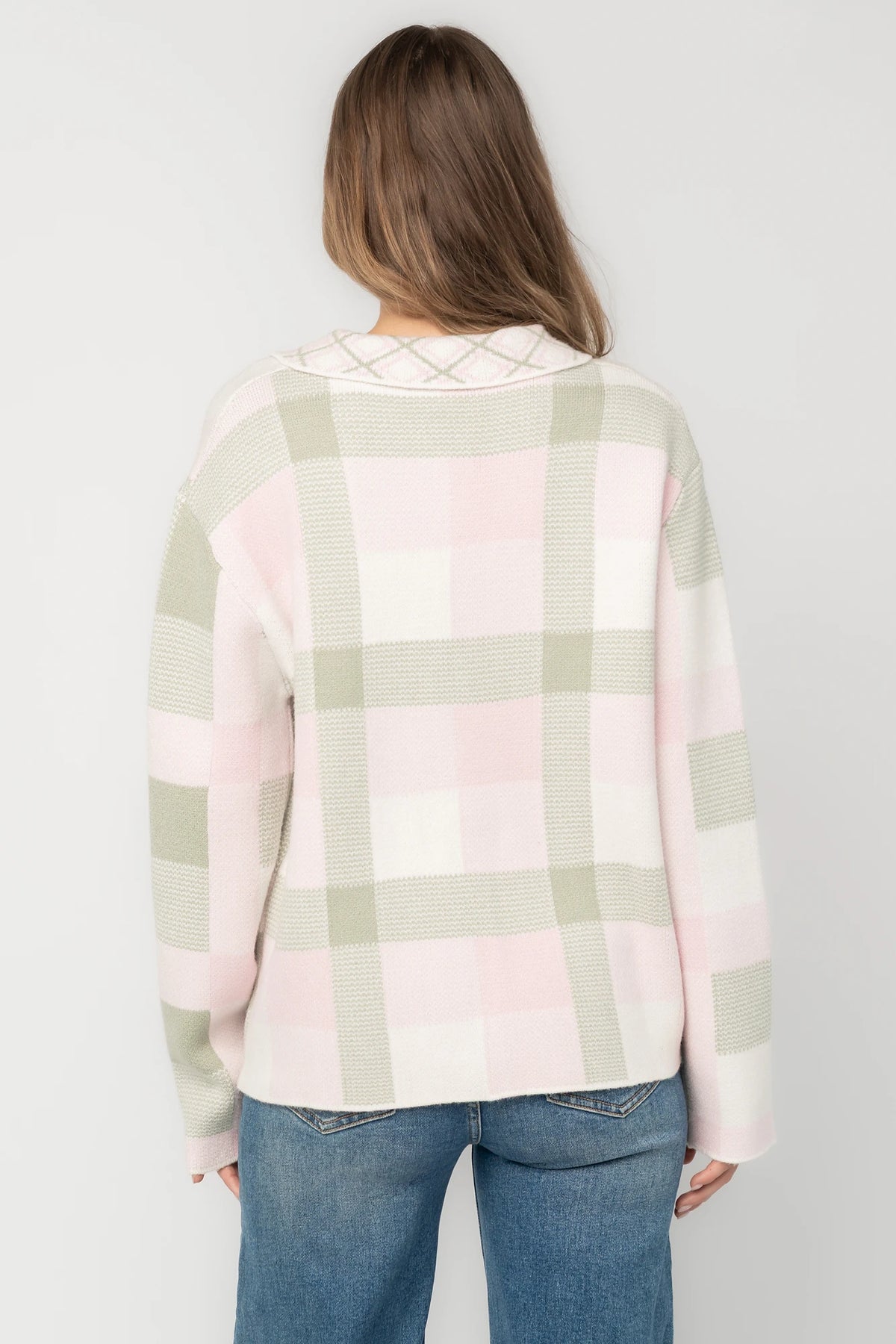 Midtown Plaid Jacket in Blush + Sage with soft knit texture, classic plaid pattern, and relaxed silhouette.