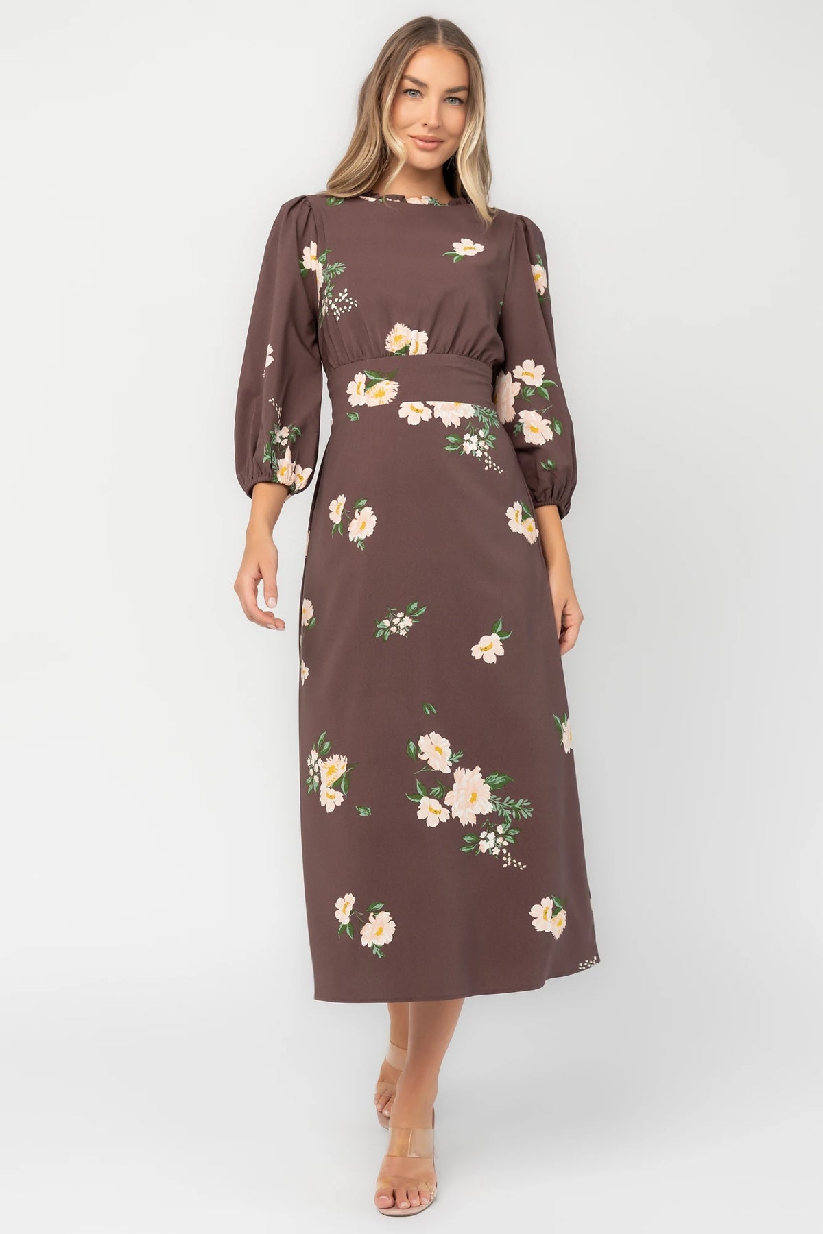 Clove floral chiffon maxi dress with a ruffled mock neckline, mid-length sleeves, smocked back waist, and flowing full-length skirt.