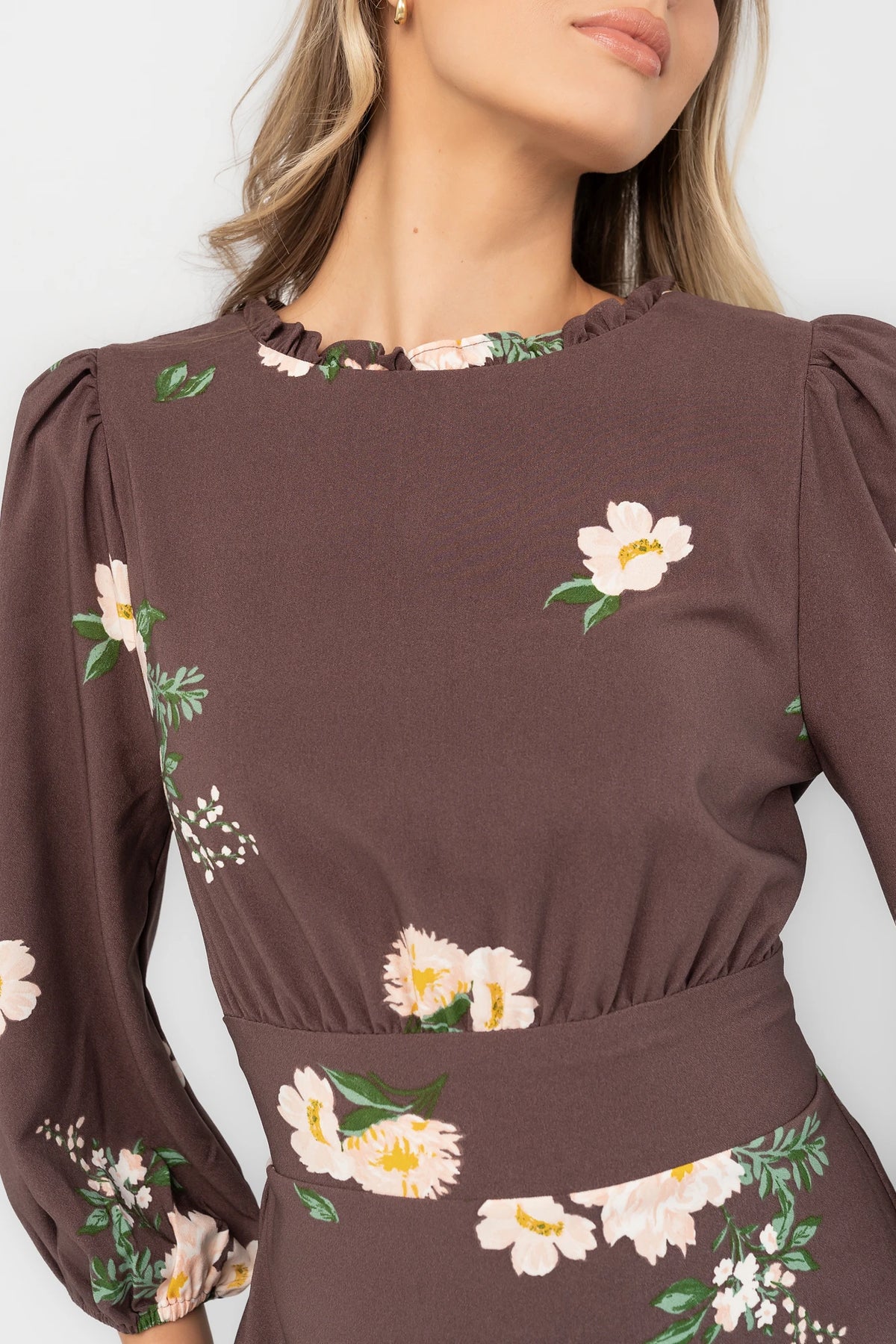 Clove floral chiffon maxi dress with a ruffled mock neckline, mid-length sleeves, smocked back waist, and flowing full-length skirt.