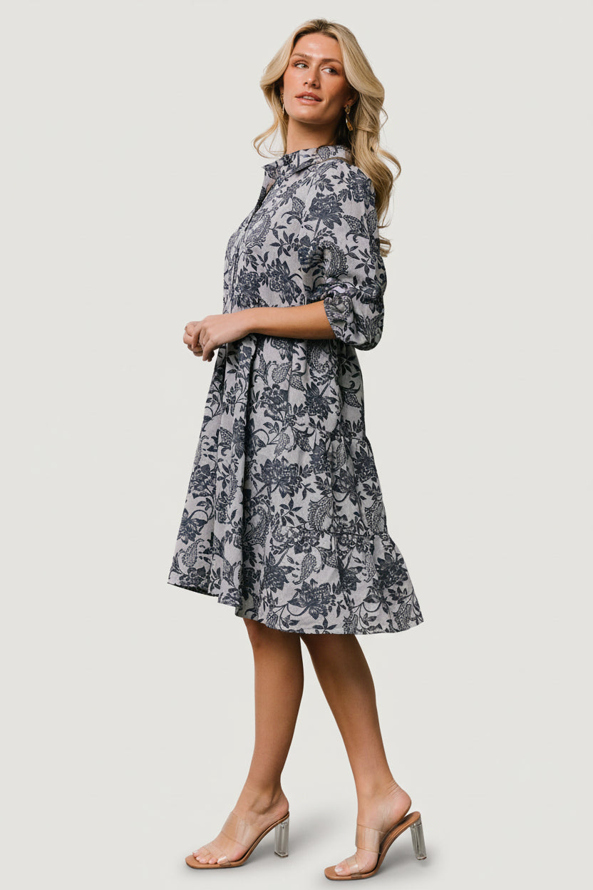 Close-up of collar and button-down detail, emphasizing the full button-front and lightweight polyester drape of the navy print dress.