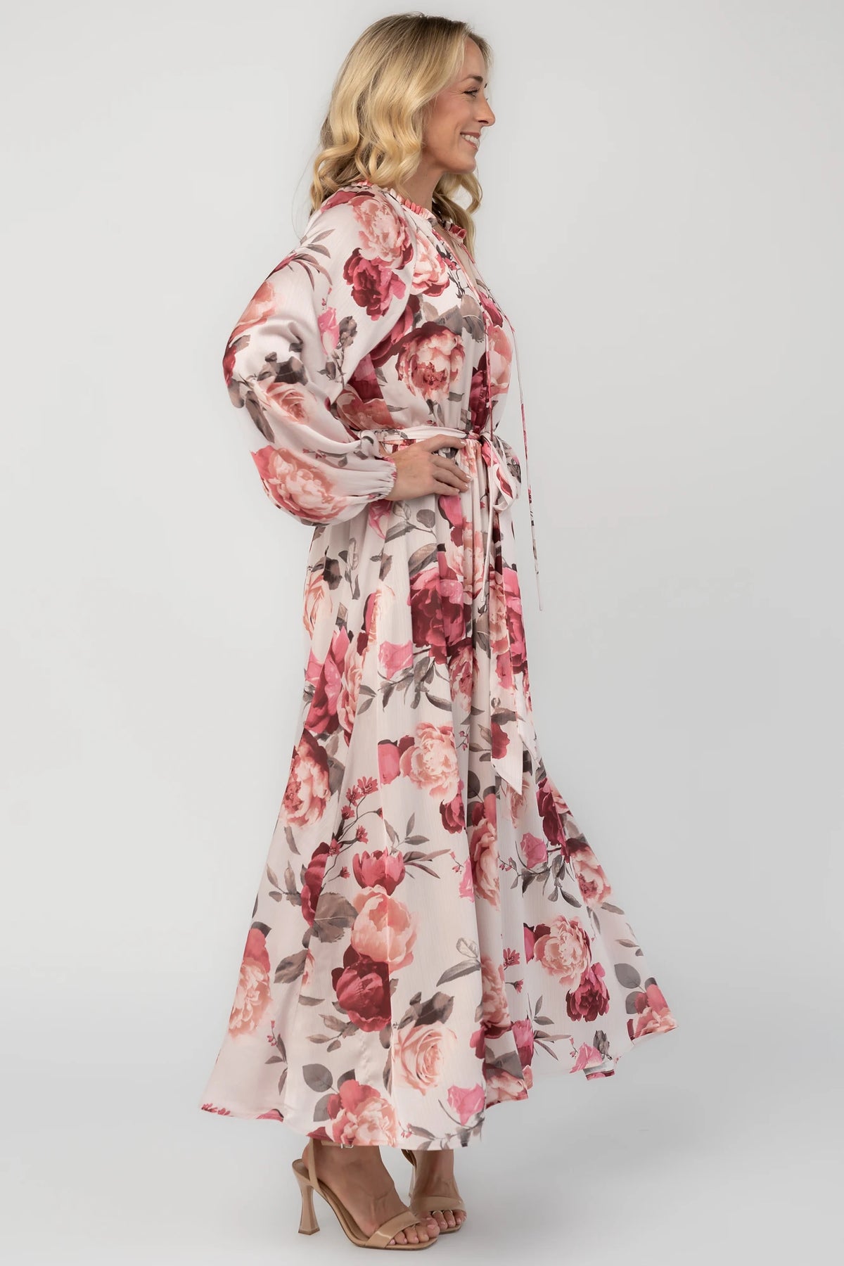 Rose floral maxi dress with a split V-neckline, ruffle-trimmed collar, long balloon sleeves, removable self-tie belt, and a flowing maxi skirt.
