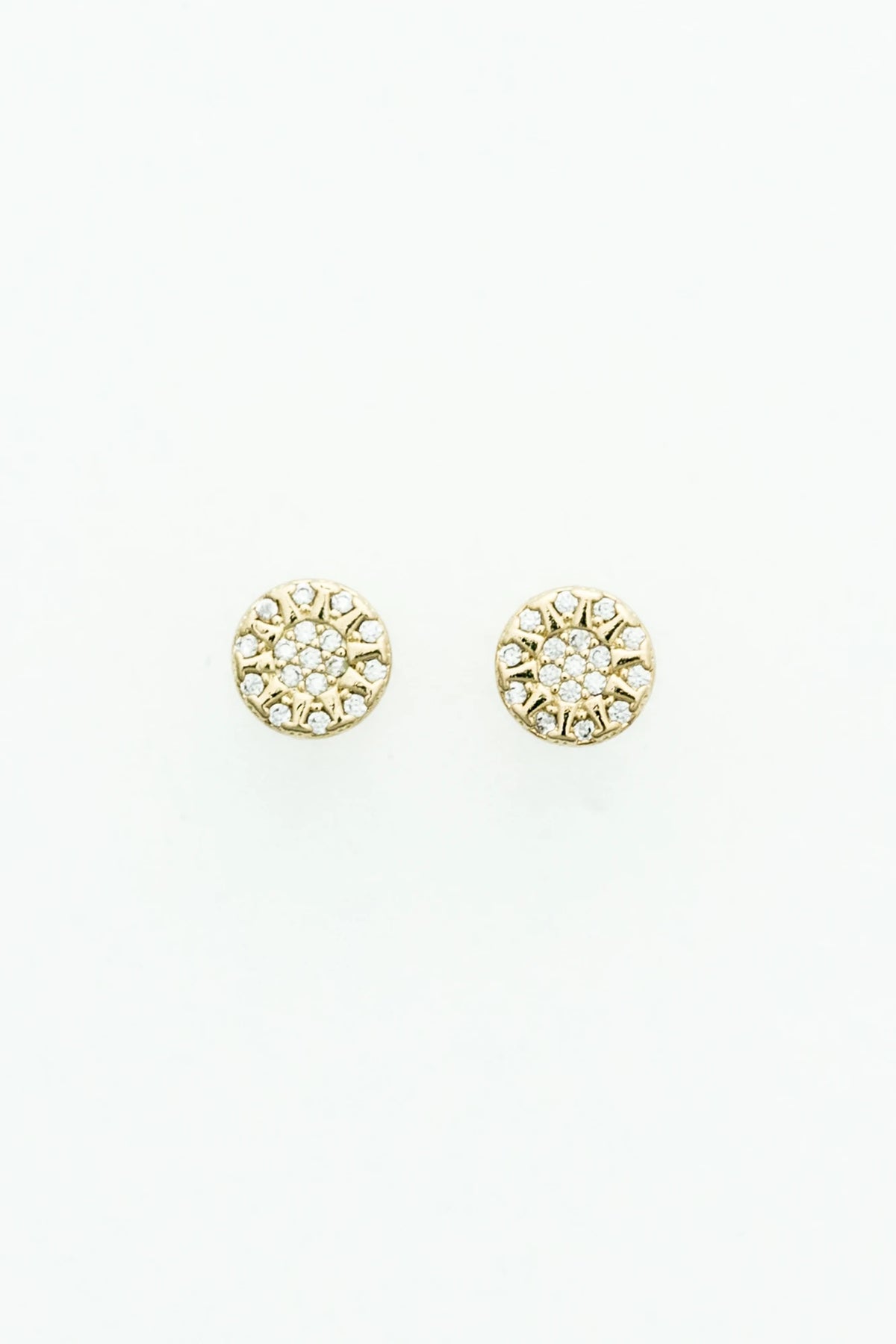 Round gold-tone stud earring featuring a radiant sunburst-inspired design with sparkling crystal details.