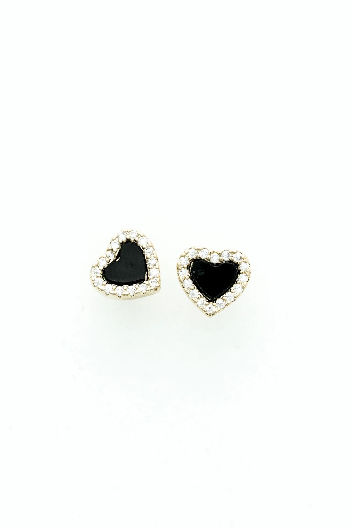 Black heart-shaped stud earring framed with sparkling crystal accents and finished in a gold-tone setting.
