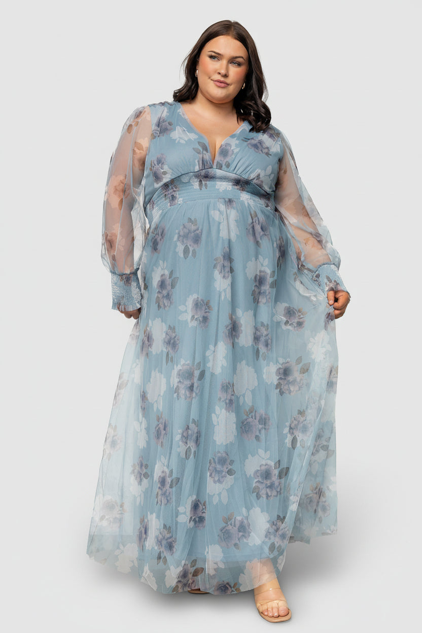 Full-length image of Layla light blue floral tulle maxi highlighting the floor-skimming hem, soft floral print, and elegant A-line silhouette.