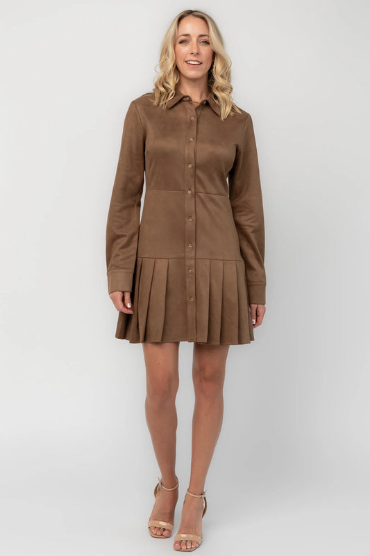 Coffee faux suede mini dress with a collared neckline, button-front closure, long sleeves, fitted waist, and pleated skirt.