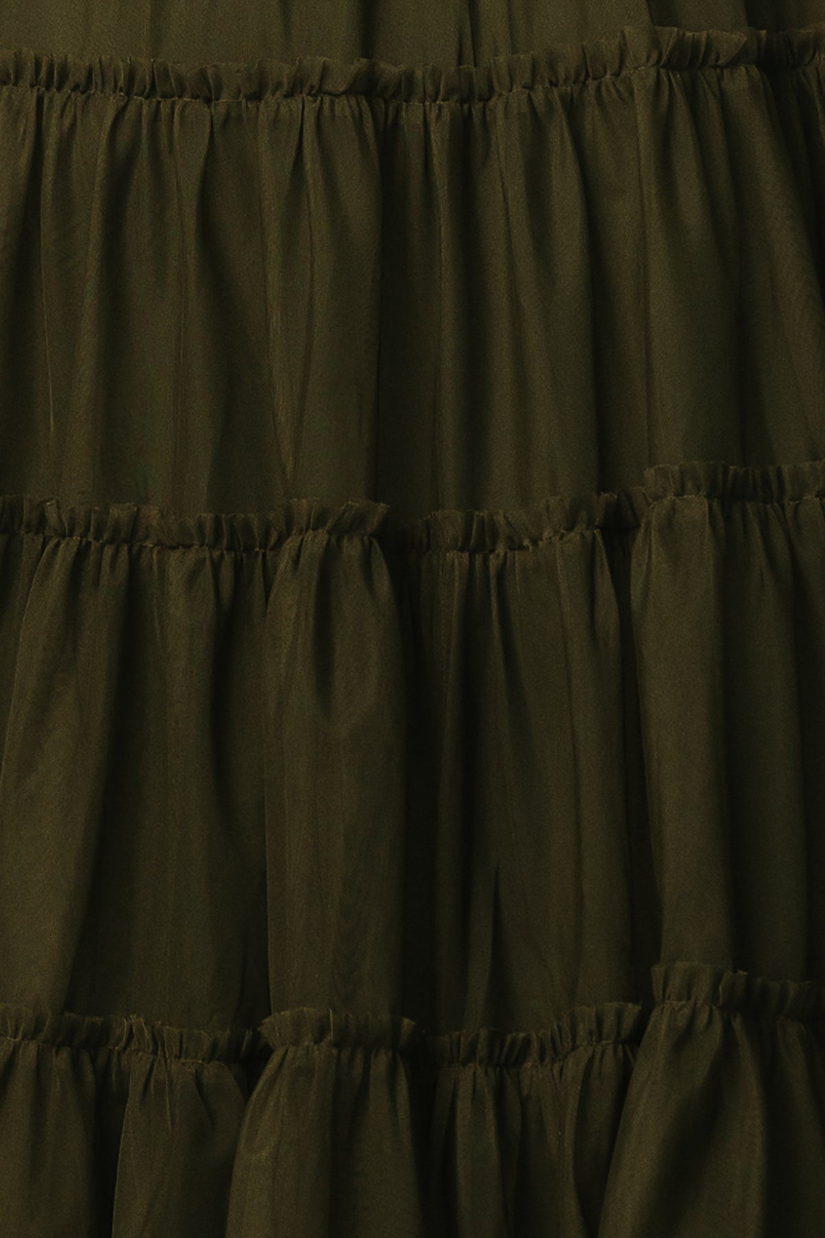 Close-up of Dark Olive Emma Tulle fabric swatch, approximately 3 x 4 inches, showing lightweight tulle texture, weave, and true color under natural light.