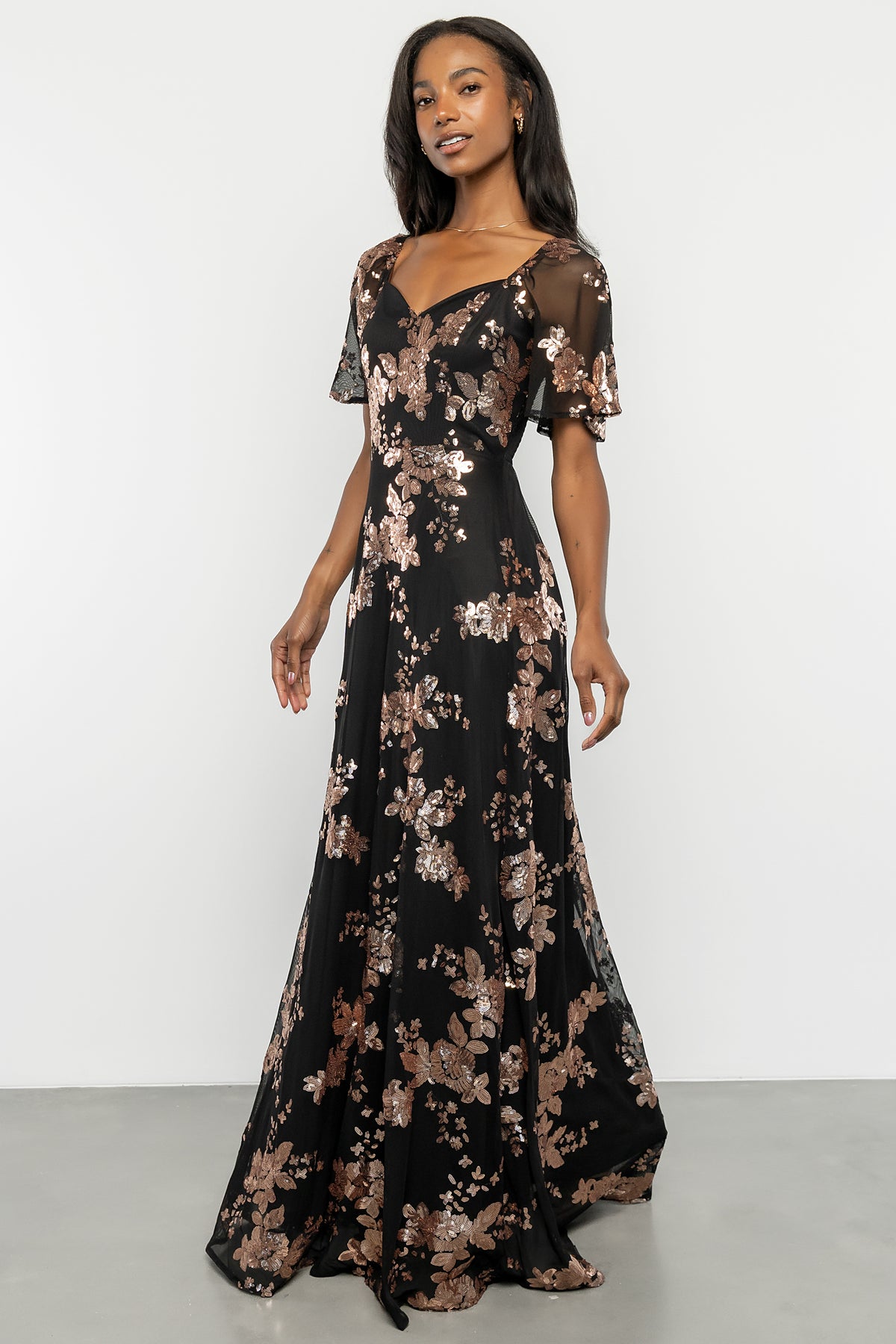 Close-up of floral sequin embroidery on mesh overlay with subtle shimmer and lightweight sequin placement detail.