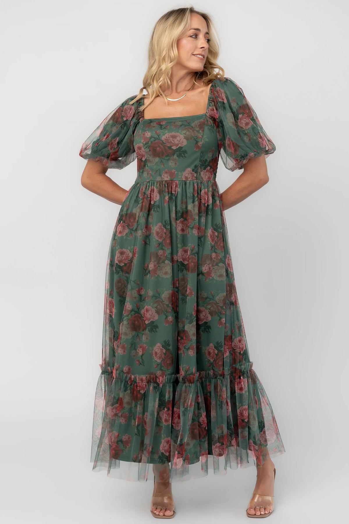 Floral tulle midi dress with a square neckline, short puff sleeves, smocked back, tiered skirt, and flowing silhouette.