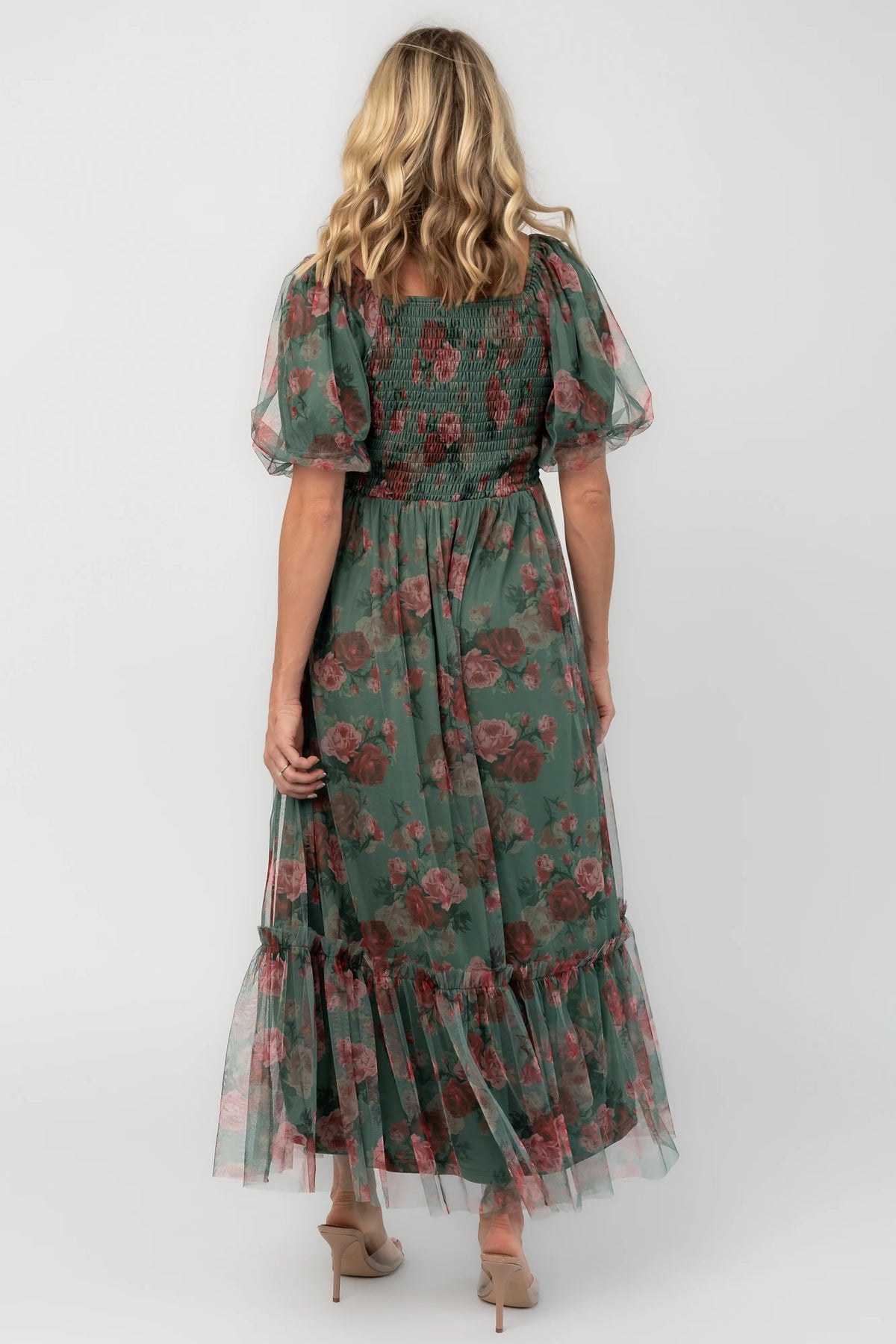 Floral tulle midi dress with a square neckline, short puff sleeves, smocked back, tiered skirt, and flowing silhouette.