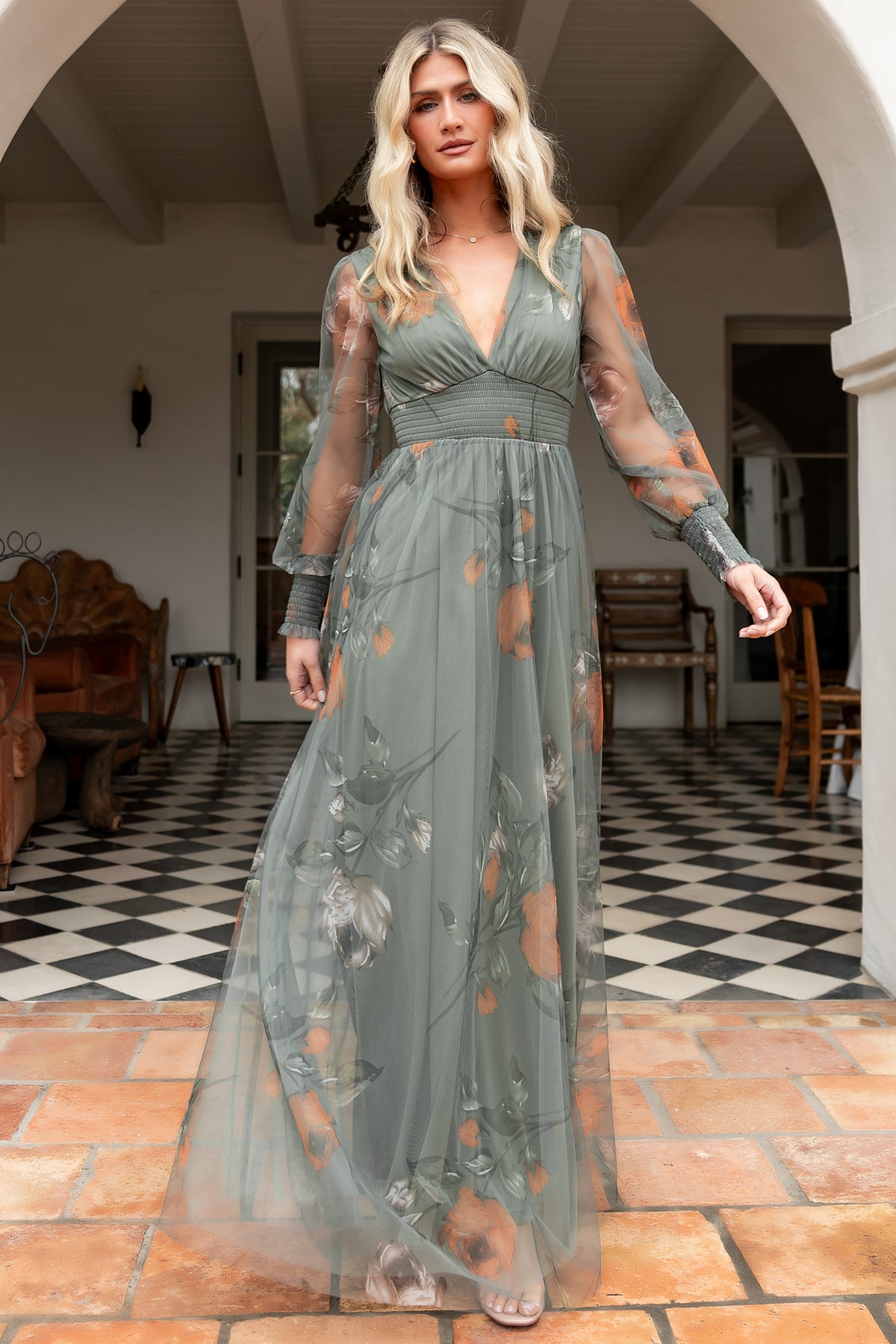 Detail shot of Layla Tulle Maxi Dress dusty olive floral, focusing on smocked waist, fabric texture and copper floral print on tulle overlay.
