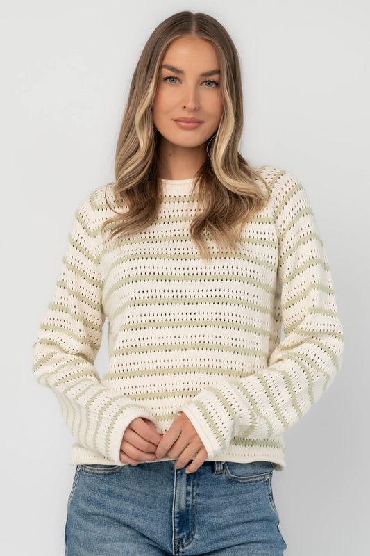 Cream and sage striped open-knit sweater with a round neckline, long sleeves, rolled trim, and a relaxed fit.