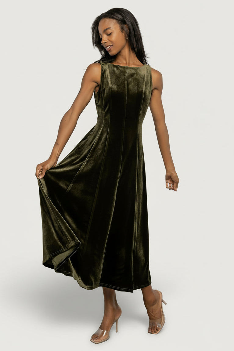 Detail shot of neckline and wide tank straps on Annika Olive velvet midi dress, showing stitch work and fabric texture.