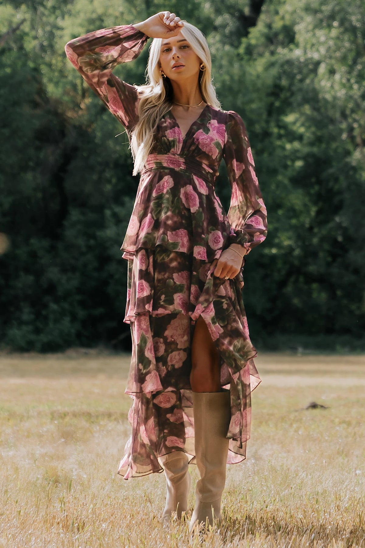 Mariella Tiered Maxi Dress in Deep Plum Floral with V-neckline, long puff sleeves, smocked back, and cascading ruffles.