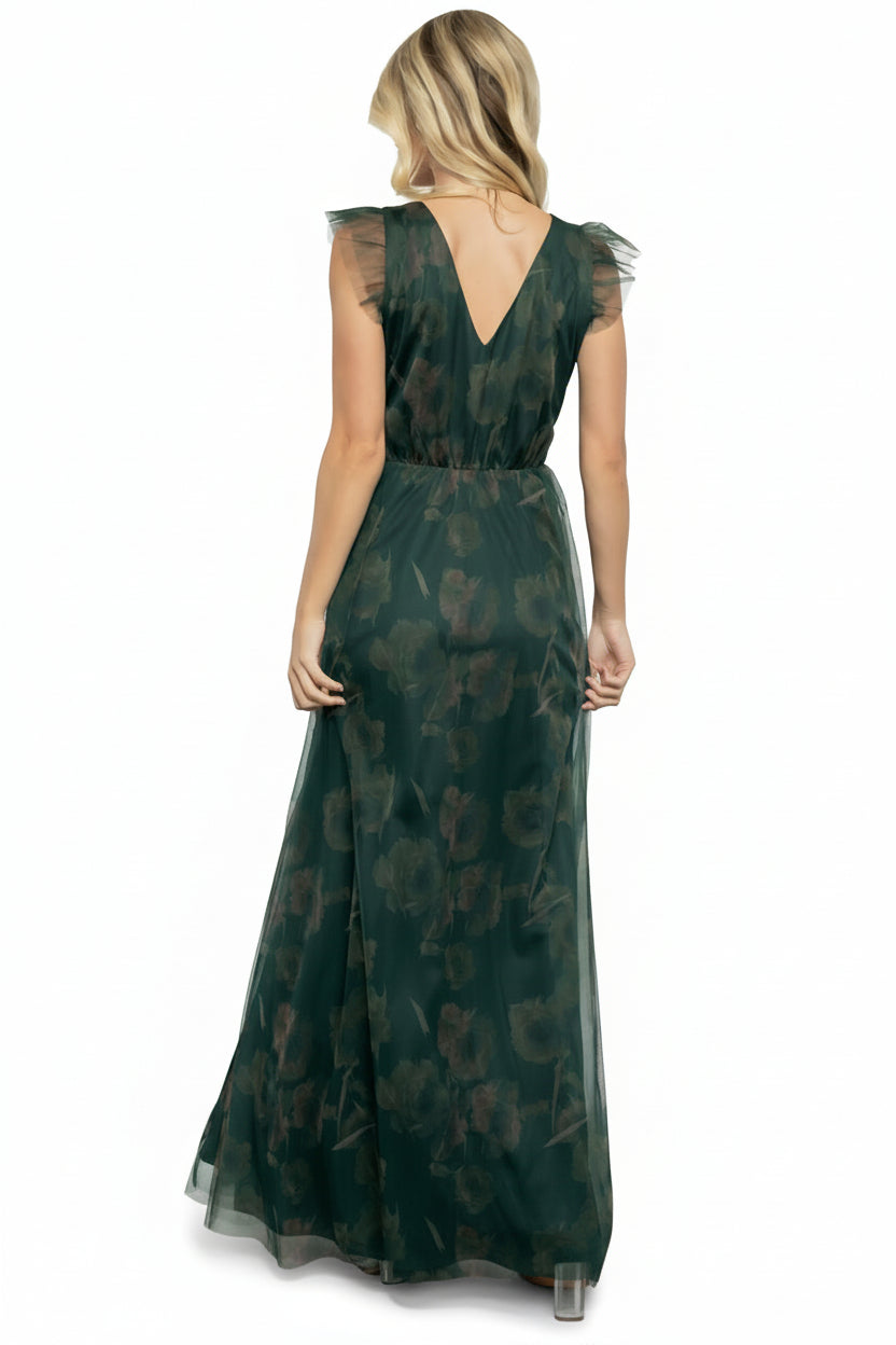 Detailed view of the green floral tulle overlay on the Adelyn Maxi Dress showing print, texture, and layered fabric.