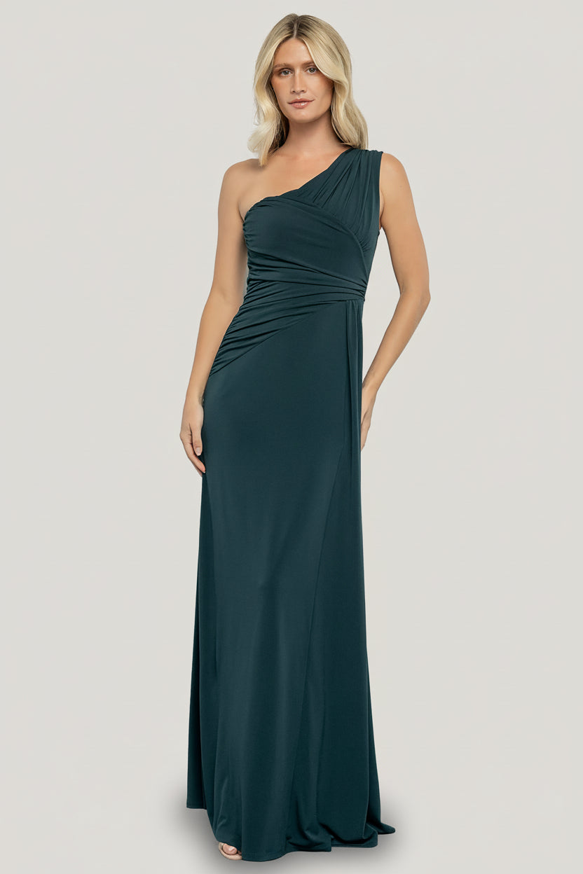 Front view of model in Adrianna deep topaz one-shoulder maxi gown showing asymmetrical drape and floor-length skirt.