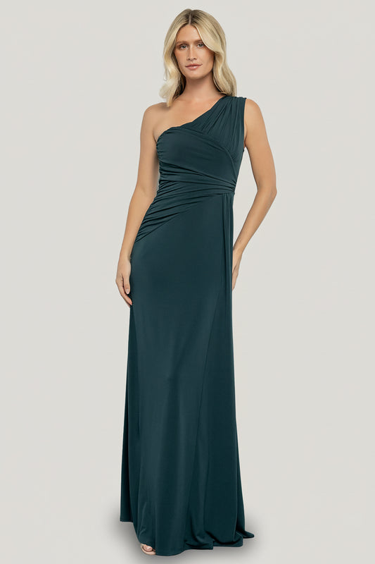 Front view of model in Adrianna deep topaz one-shoulder maxi gown showing asymmetrical drape and floor-length skirt.
