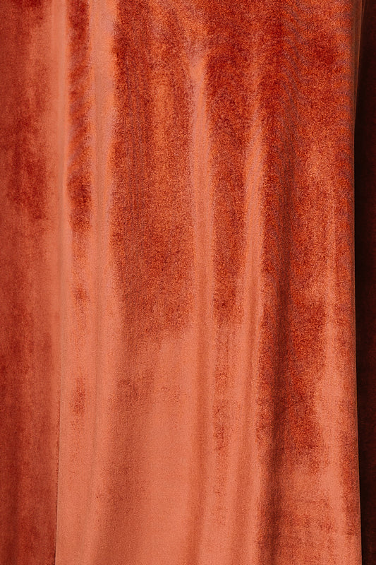 Close-up of Cinnamon Tatiana Velvet fabric swatch showing pile texture, subtle sheen, and stretch; approx. 3 by 4 inches.