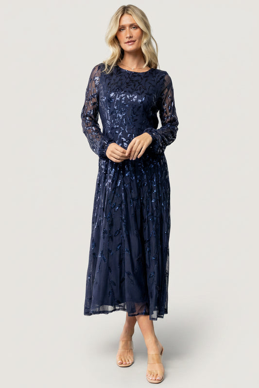 Front view of navy Kalla sequin mesh midi dress on model, A-line silhouette, long sheer sequin-embellished sleeves and round neckline.