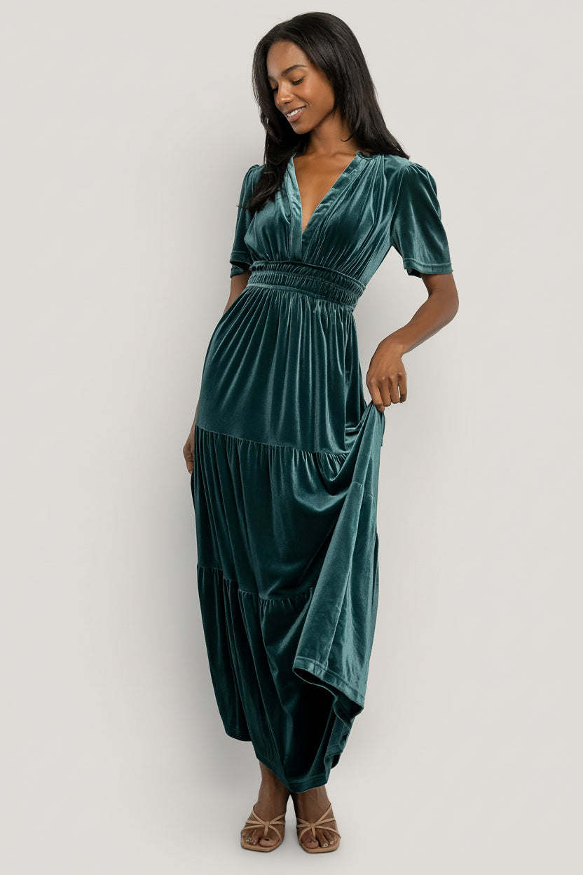 Styled detail of the Artemis Deep Lagoon velvet maxi dress, showing sleeve shape, neckline, and overall silhouette on a model.