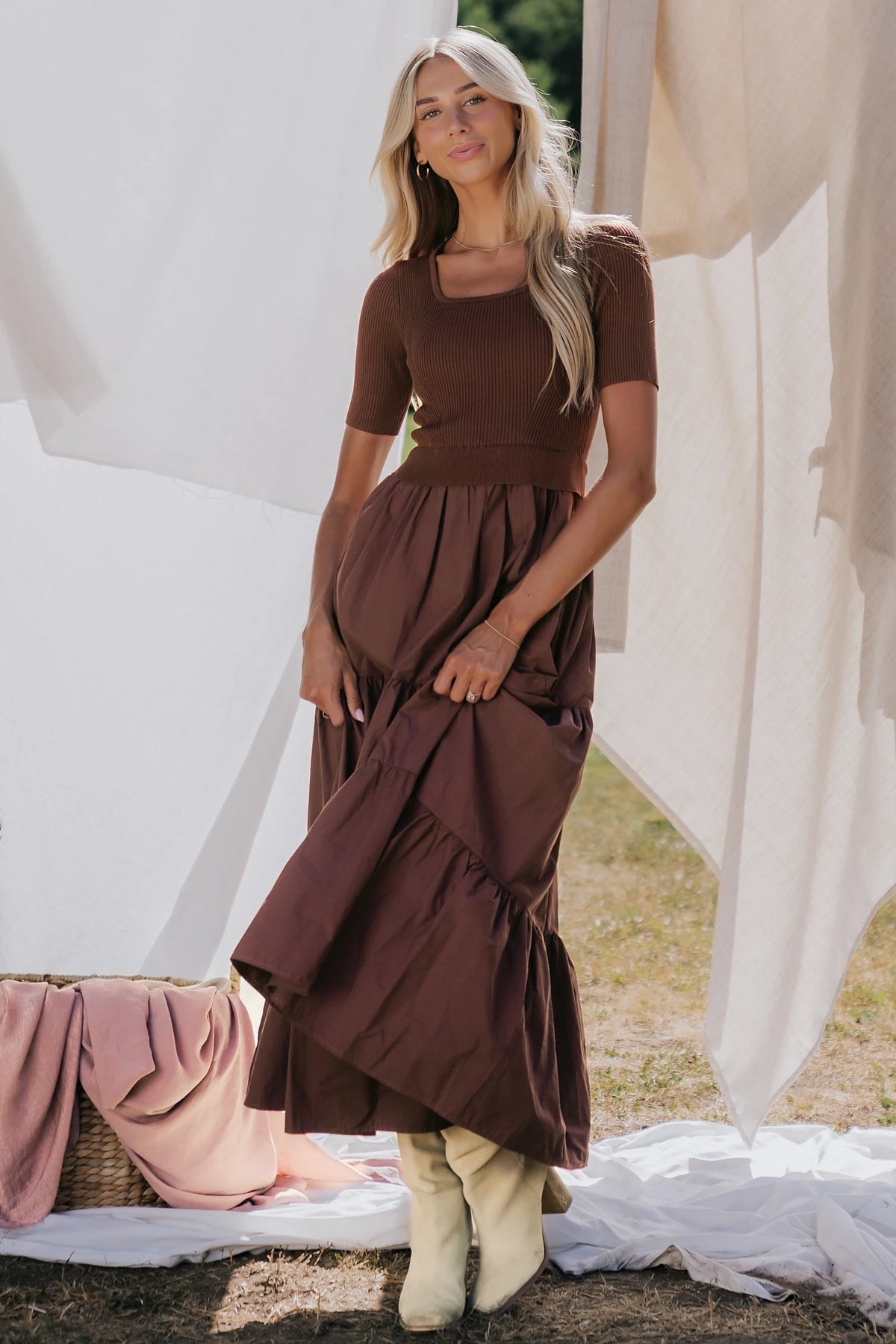 Astra Tiered Dress in Espresso with ribbed knit bodice, scoop neckline, short sleeves, and tiered cotton skirt.