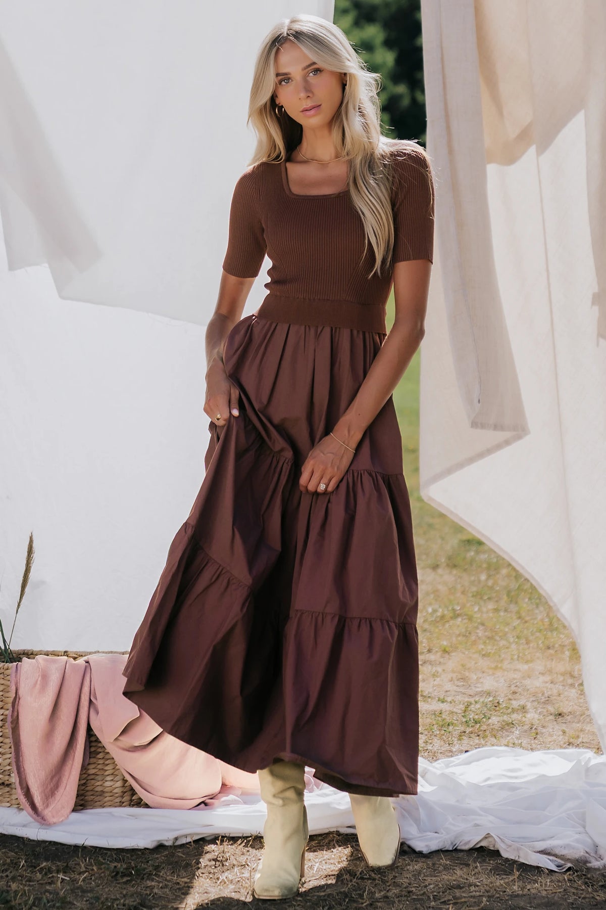Astra Tiered Dress in Espresso with ribbed knit bodice, scoop neckline, short sleeves, and tiered cotton skirt.