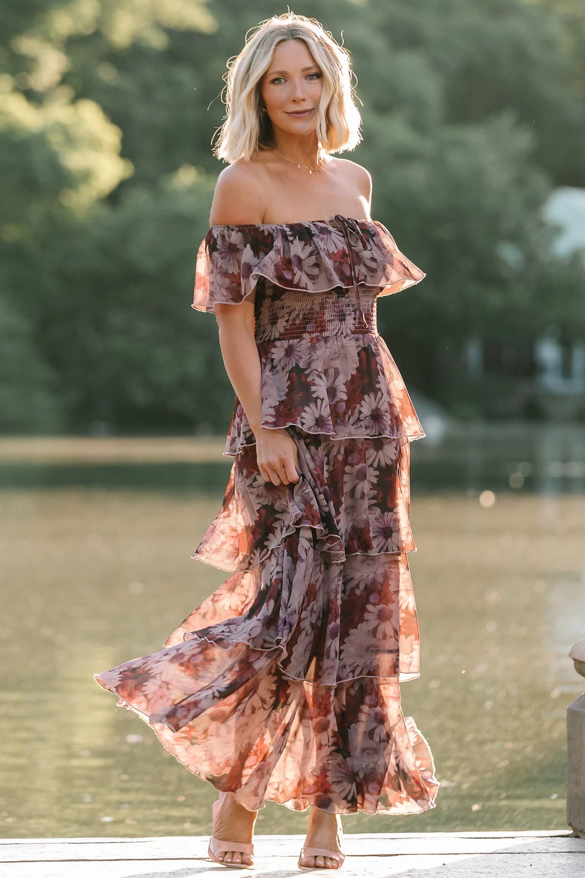 Carina Off-Shoulder Maxi Dress in Multi Floral with ruffle neckline, smocked waist, and four-tiered chiffon skirt.