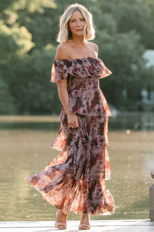 Carina Off-Shoulder Maxi Dress in Multi Floral with ruffle neckline, smocked waist, and four-tiered chiffon skirt.