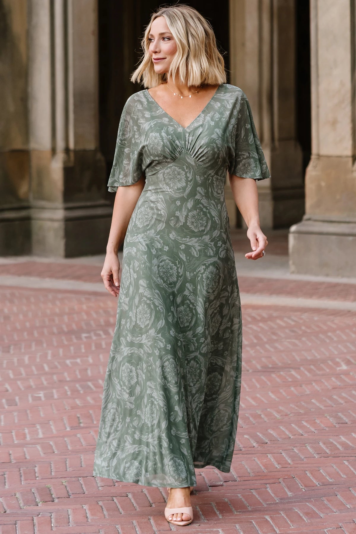 Dark sage mesh maxi dress with a floral mesh overlay, V-neckline, short dolman sleeves, empire waist, and removable ribbed tank slip.