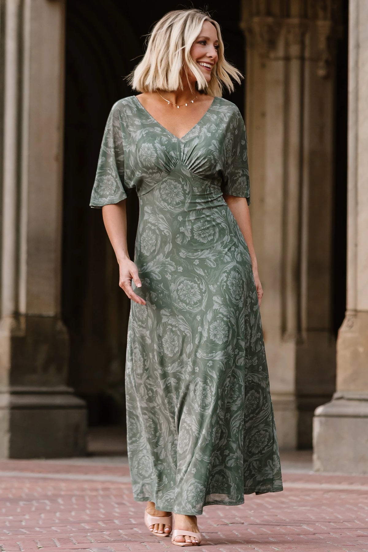 Dark sage mesh maxi dress with a floral mesh overlay, V-neckline, short dolman sleeves, empire waist, and removable ribbed tank slip.