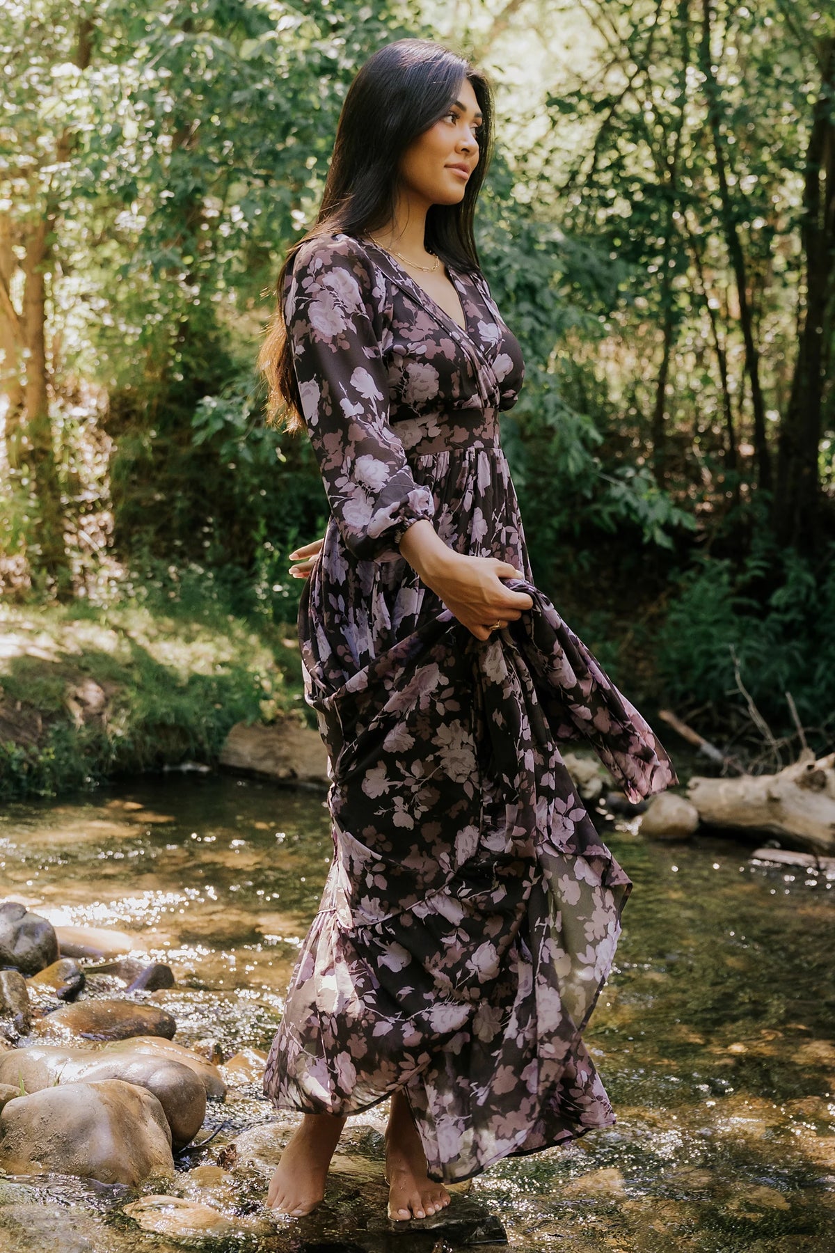 Johanna Chiffon Surplice Maxi Dress in Clove Floral with V-neck, long sleeves, side ties, and angled tiered skirt.