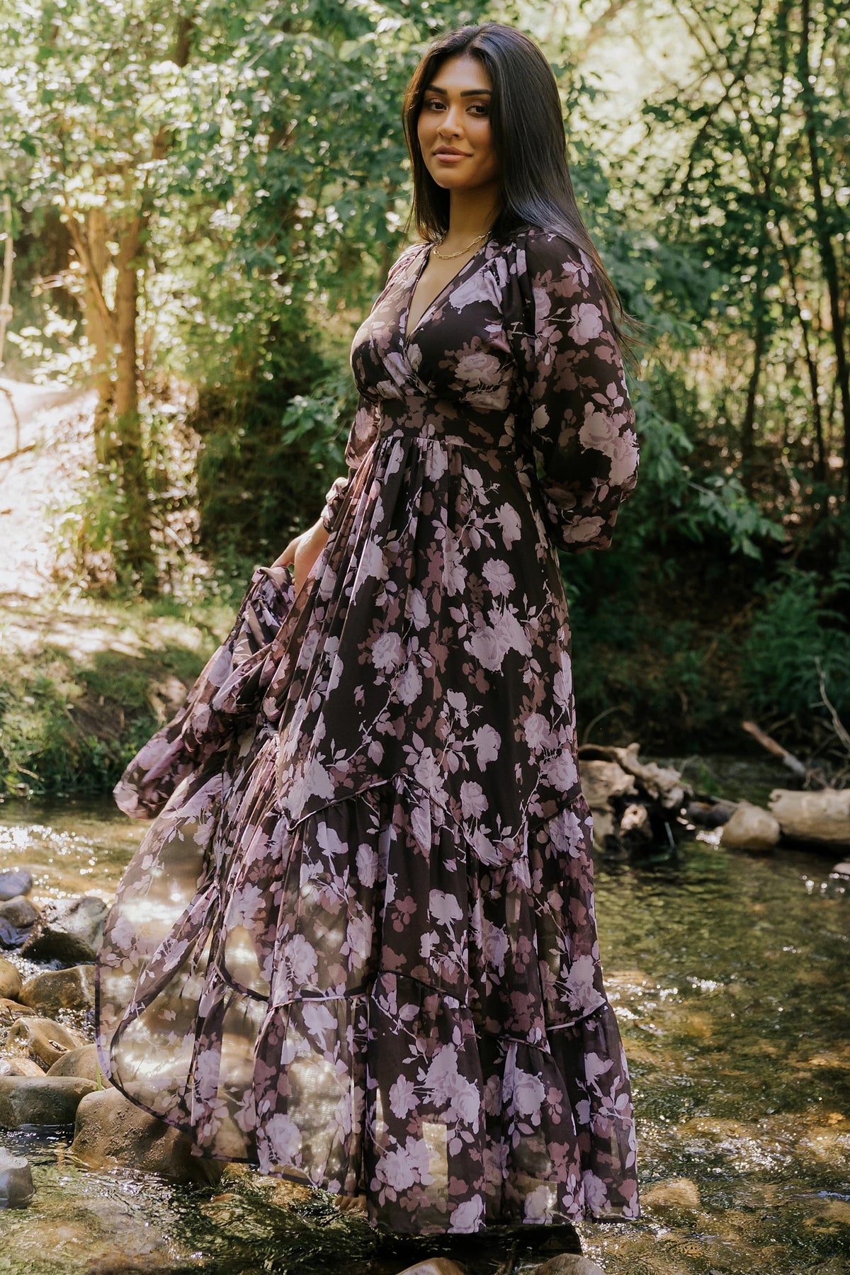 Johanna Chiffon Surplice Maxi Dress in Clove Floral with V-neck, long sleeves, side ties, and angled tiered skirt.