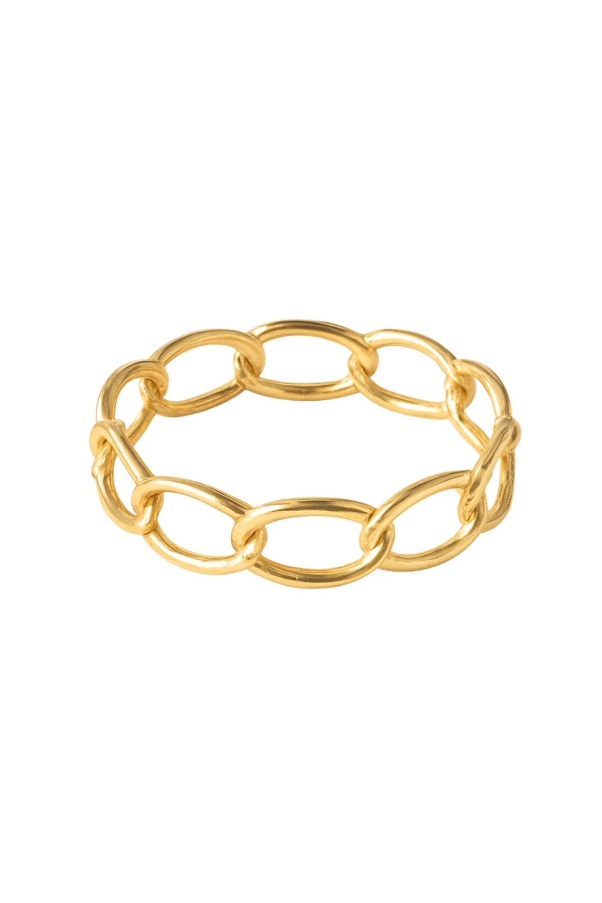 Styled product photo of The Emma Ring on a models hand, showing proportion and reflective 18K gold-plated surface in natural light.