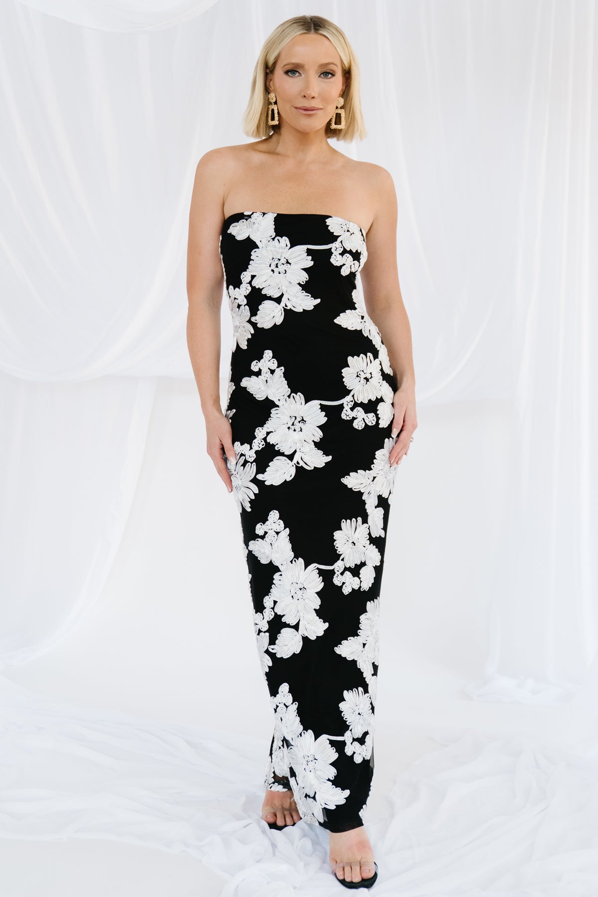 Chantelle Strapless Maxi Dress | Black + White Floral
