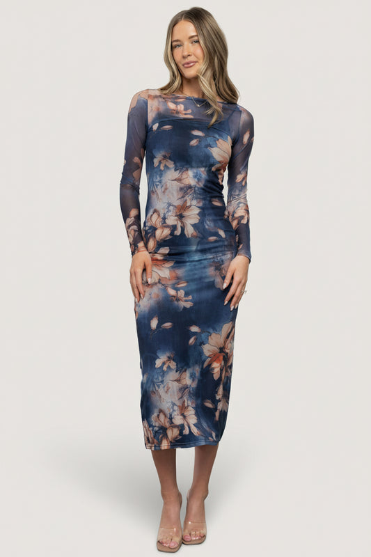 Front view of the Darya Mesh Midi Dress in navy floral showing sheer long sleeves, round neckline, and included ribbed slip underneath for coverage and shape