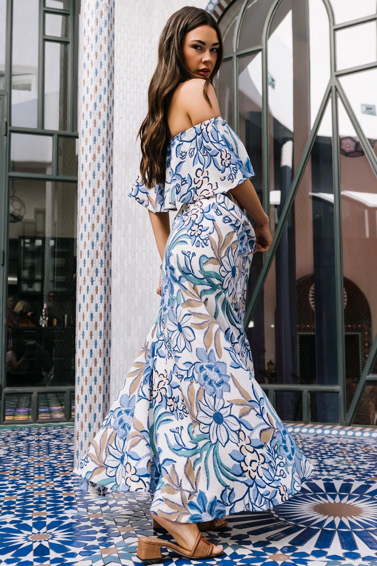 Valentina Off Shoulder Maxi Dress | Cream + Blue Multi