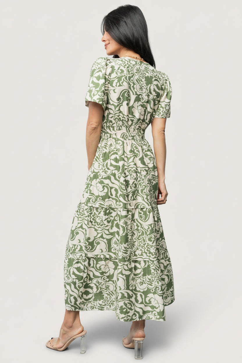 Back view of dress showing gathered sleeve detail, relaxed fit through the bodice, and tiered skirt silhouette in green floral print.