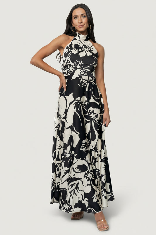 Melodía Halter Maxi Dress | Black + White Floral