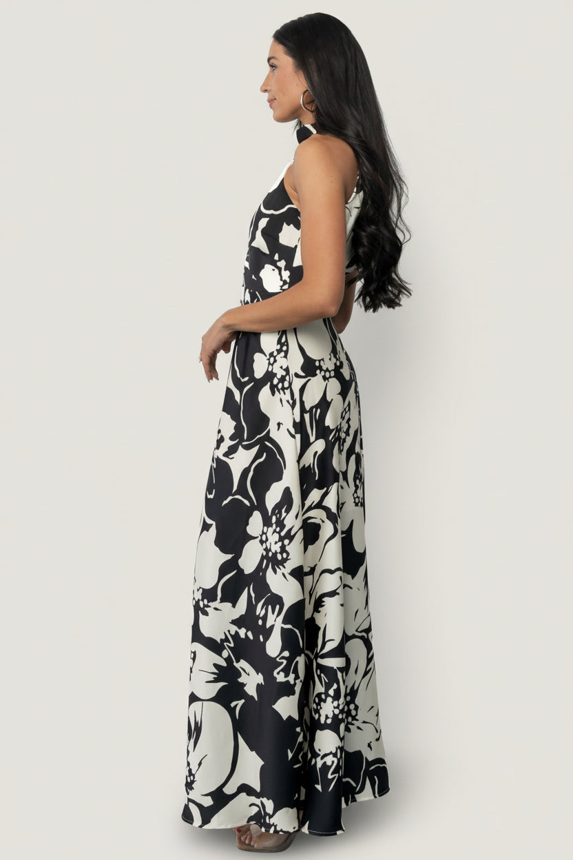 Melodía Halter Maxi Dress | Black + White Floral