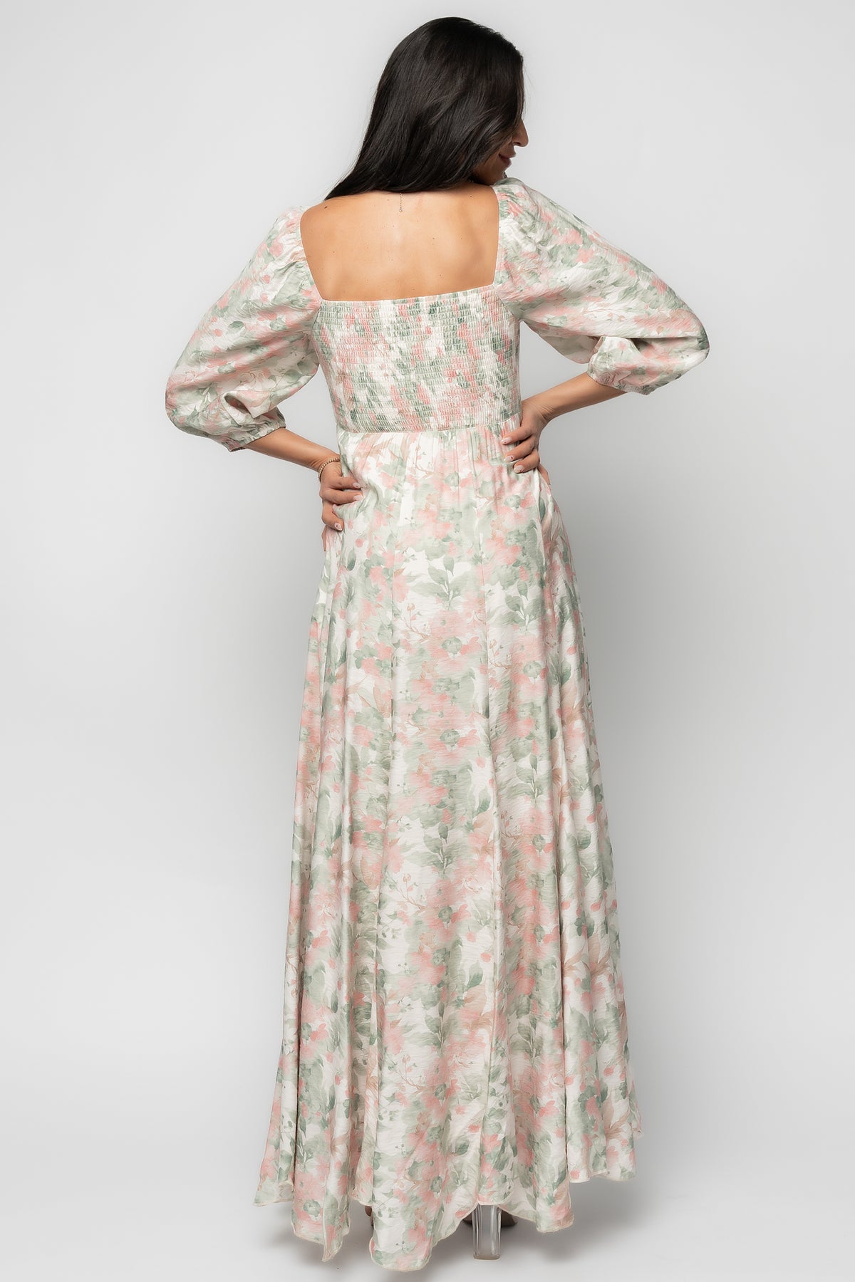 Three-quarter sleeve detail of the Esther Maxi Dress showing elastic sleeve cuff and the unlined sleeve contrast against the fully lined body.
