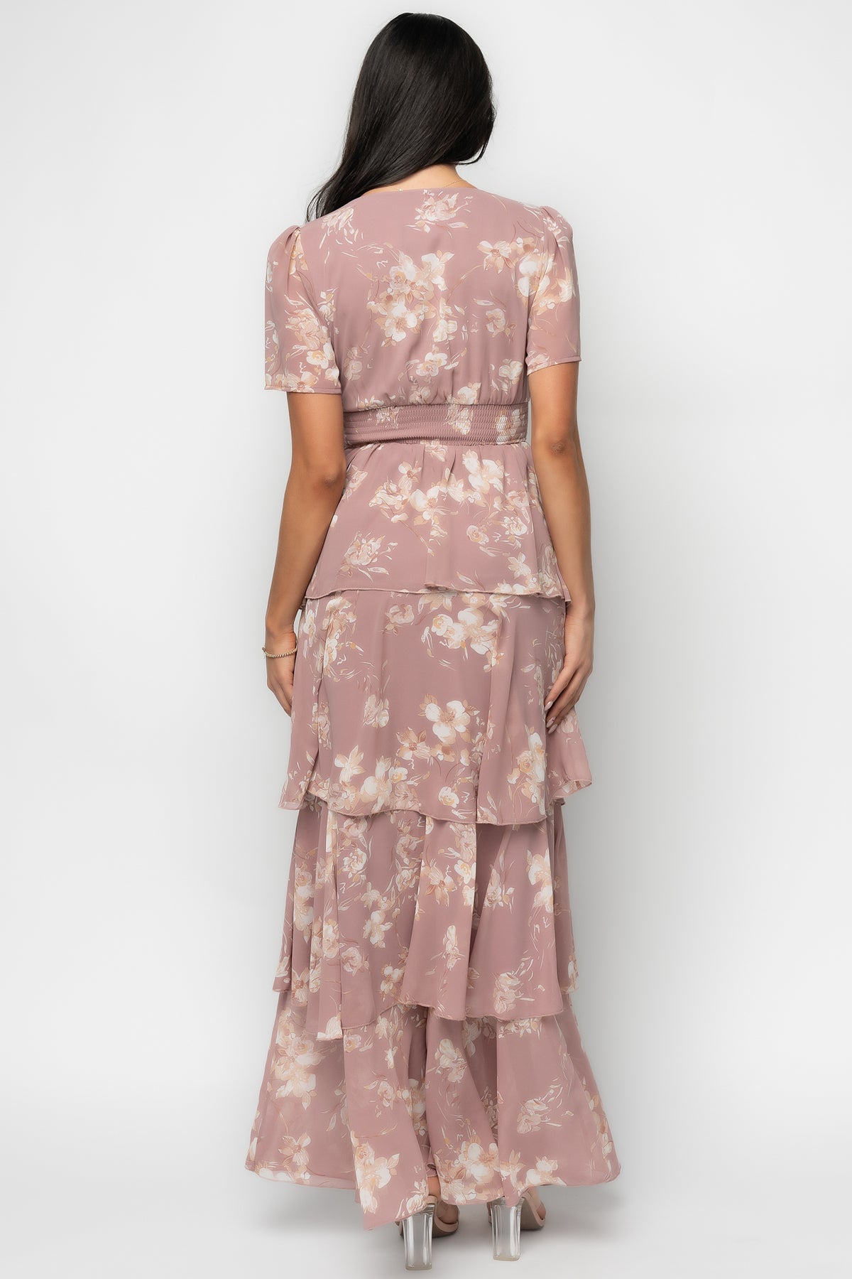 Detail view of short, flowy sleeve and chiffon fabric texture on the Montaigne Ruffle Maxi Dress in mauve floral.