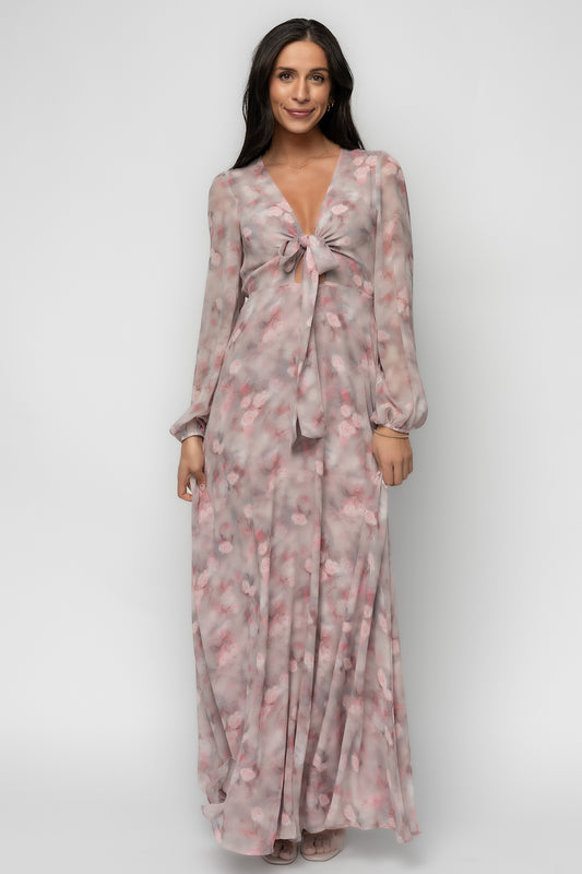 Three-quarter view: Ensley Maxi Dress in Dusty Rose Floral showing gathered shoulder detail and long elastic cuffs.