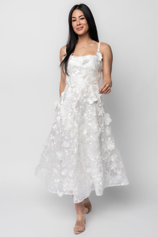 Front view of Soleil ivory mesh midi dress showing floral appliqué across the bodice, square neckline, and adjustable tank straps.