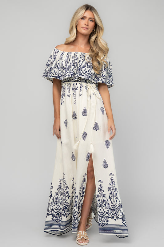 Valentina Off Shoulder Maxi Dress | Ivory + Navy