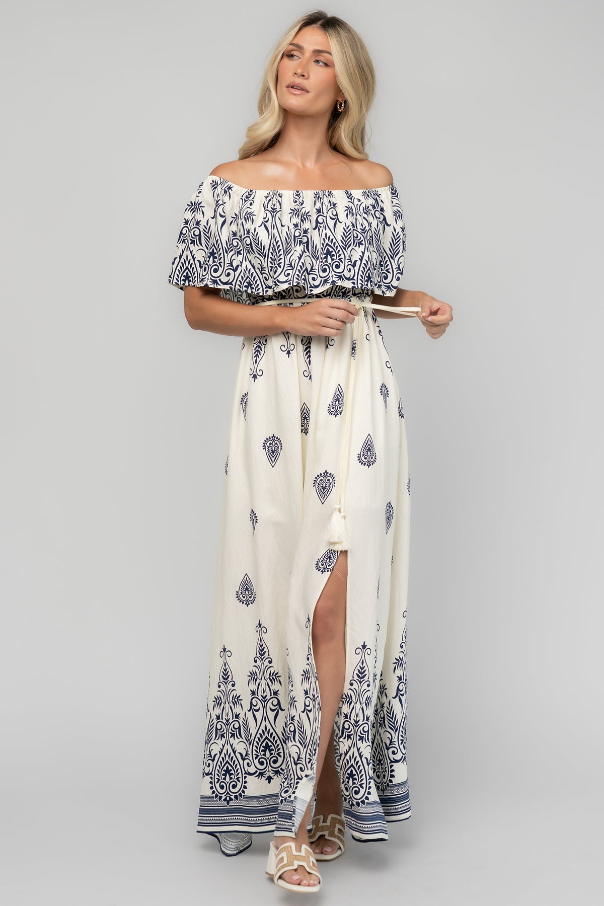 Valentina Off Shoulder Maxi Dress | Ivory + Navy