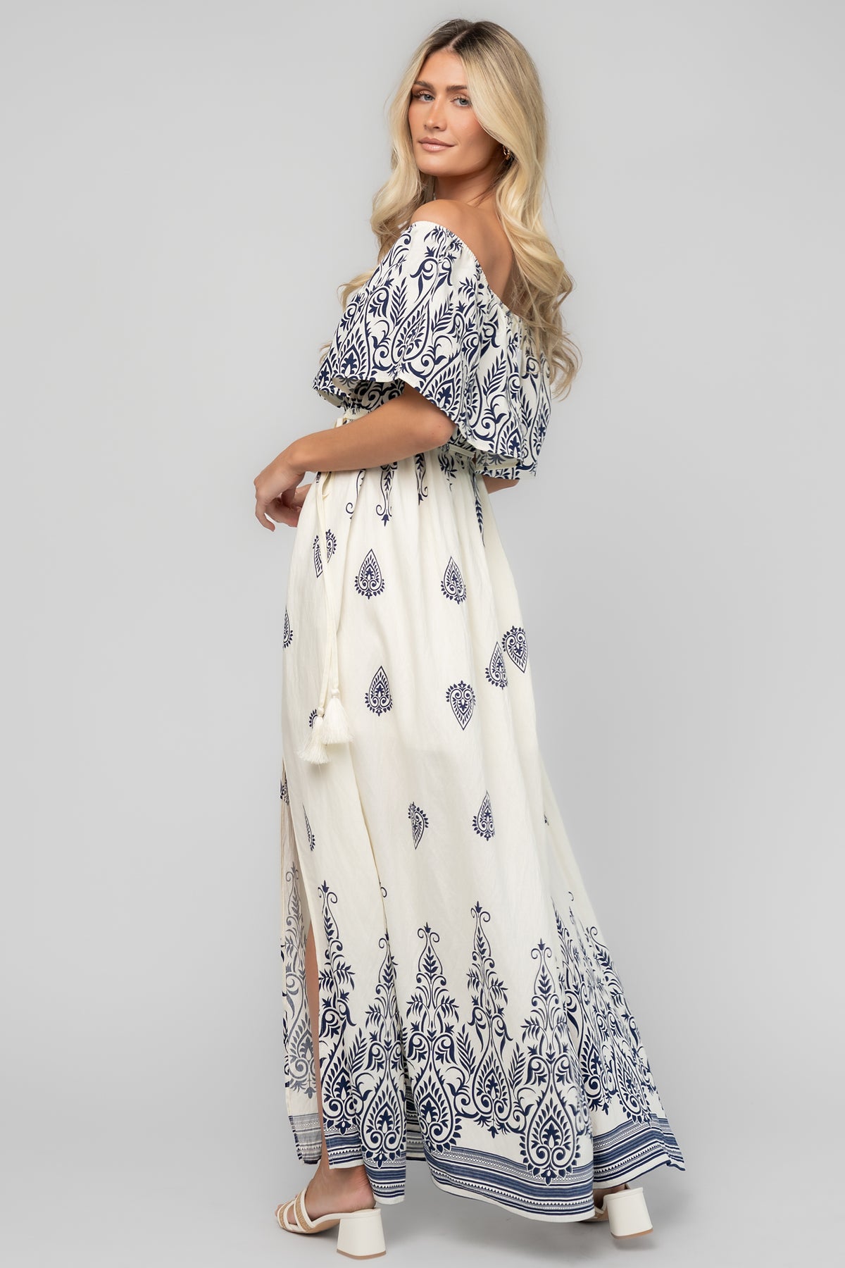 Valentina Off Shoulder Maxi Dress | Ivory + Navy
