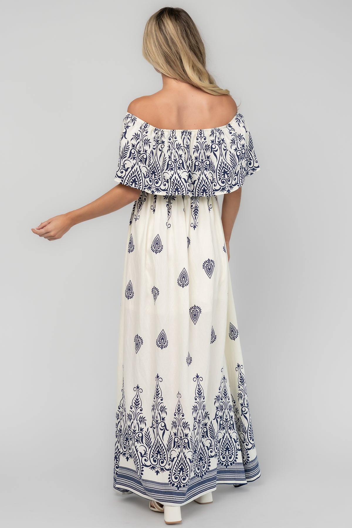 Valentina Off Shoulder Maxi Dress | Ivory + Navy