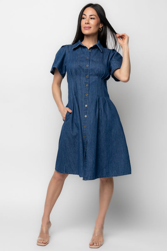 Front view of model wearing dark blue Coco denim short dress with collared neckline, button-front and side pockets, styled with casual shoes.